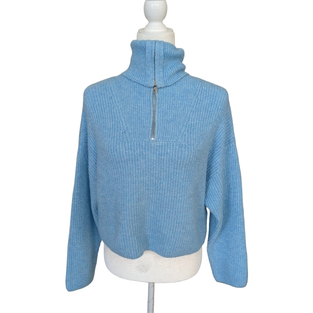 Zara Blue Zip Up Funnel Neck Sweater Size Medium